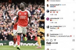 萨卡社媒晒照纪念自己里程碑之战:英超第200次出场♥️