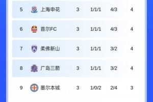 仅申花在晋级区!亚冠积分榜:申花第5,蓉城第10,海港1分暂垫底