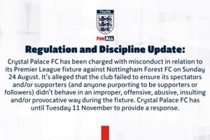  英足总官方：水晶宫因球迷行为不当遭指控，需在11月11日前回应